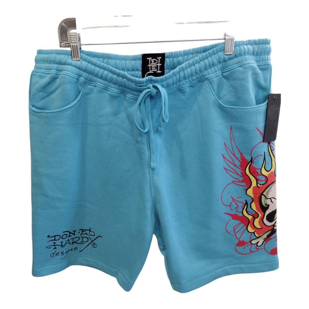 New Ed Hardy Graphic Fire Skull Tattoo Fleece Drawstring Sweat Shorts Blue XL